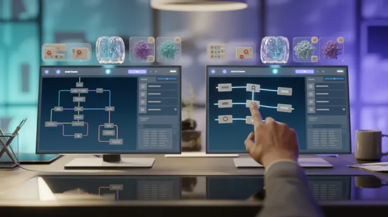 Split-screen view of AI tools: node-based scripting vs. drag-link interface with holographic elements.